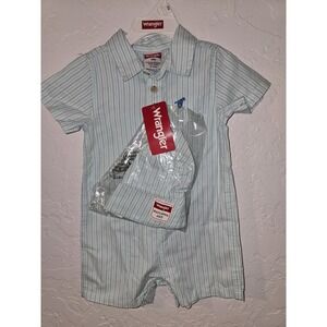 Wrangler Button Up One Piece Body Suit Shorts & Bucket Hat Green Stripe 18 Month